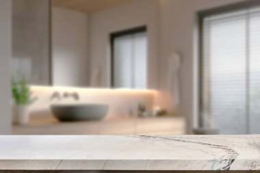 Banyo arkaplanı bulanık, boş mermer bir masa. ürün gösterimi için.