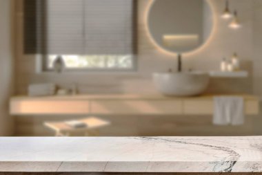 Banyo arkaplanı bulanık, boş mermer bir masa. ürün gösterimi için.
