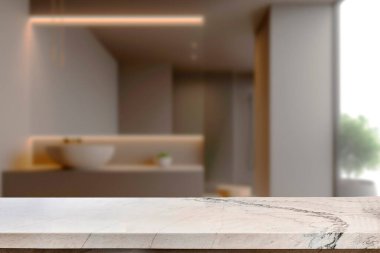 Banyo arkaplanı bulanık, boş mermer bir masa. ürün gösterimi için.