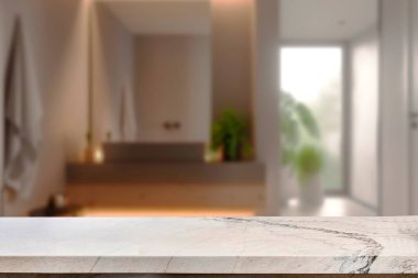 Banyo arkaplanı bulanık, boş mermer bir masa. ürün gösterimi için.