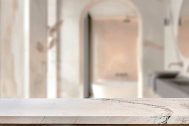 Banyo arkaplanı bulanık, boş mermer bir masa. ürün gösterimi için.
