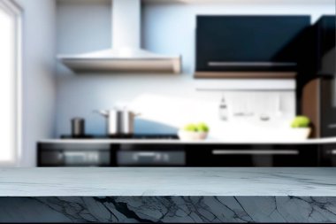 Tahta boş masa. Mutfak bulanık.