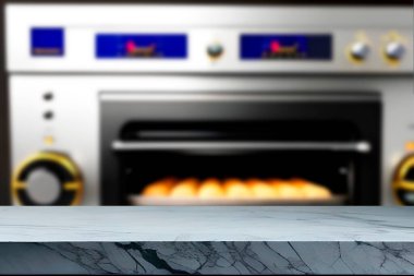 Tahta masa boş, bulanık ya da bulanık arka plan ve ampul bokeh. Fırın arka planında bulanık kahverengi ahşap masa, pastane konsepti