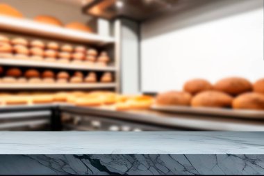 Tahta masa boş, bulanık ya da bulanık arka plan ve ampul bokeh. Fırın arka planında bulanık kahverengi ahşap masa, pastane konsepti