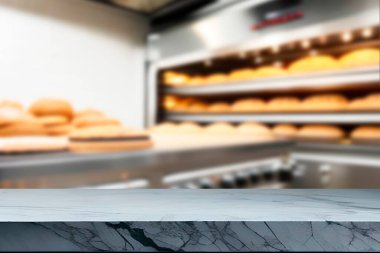 Tahta masa boş, bulanık ya da bulanık arka plan ve ampul bokeh. Fırın arka planında bulanık kahverengi ahşap masa, pastane konsepti