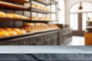 Tahta masa boş, bulanık ya da bulanık arka plan ve ampul bokeh. Fırın arka planında bulanık kahverengi ahşap masa, pastane konsepti