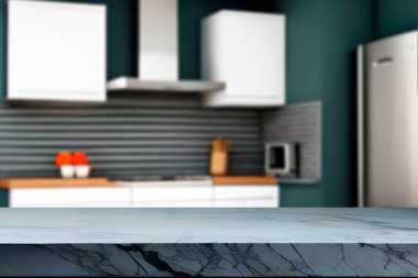 Tahta boş masa. Mutfak bulanık.