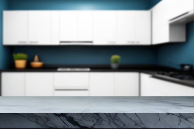 Tahta boş masa. Mutfak bulanık.