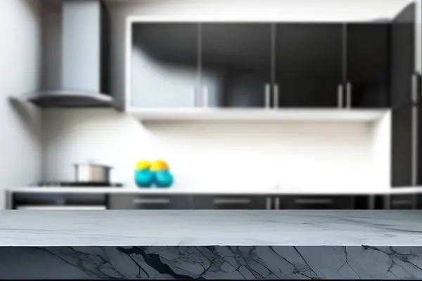 Tahta boş masa. Mutfak bulanık.