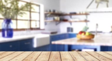 Ürün gösterimi için mutfak arka planı olan ahşap masa üstü