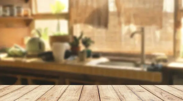 Ürün gösterimi için mutfak arka planı olan ahşap masa üstü