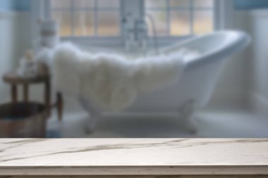 Banyo arkaplanı bulanık, boş mermer bir masa. ürün gösterimi için