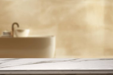 Banyo arkaplanı bulanık, boş mermer bir masa. ürün gösterimi için