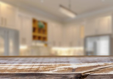 Mutfak arka planında bulanıklık olan boş ahşap masa. ürün gösterimi için