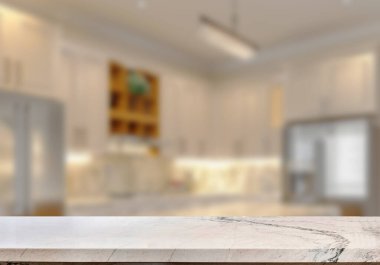 Mutfak arka planında bulanıklık olan boş mermer masa. ürün gösterimi için.