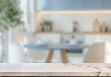 Mutfak arka planında bulanıklık olan boş mermer masa. ürün gösterimi için.