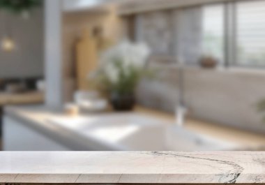 Mutfak arka planında bulanıklık olan boş mermer masa. ürün gösterimi için.