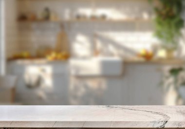 Mutfak arka planında bulanıklık olan boş mermer masa. ürün gösterimi için.