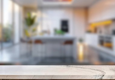 Mutfak arka planında bulanıklık olan boş mermer masa. ürün gösterimi için.