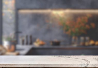 Mutfak arka planında bulanıklık olan boş mermer masa. ürün gösterimi için.