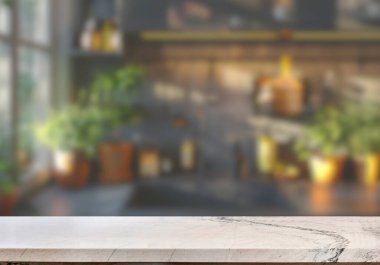 Mutfak arka planında bulanıklık olan boş mermer masa. ürün gösterimi için.