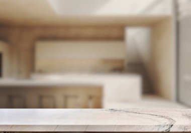 Mutfak arka planında bulanıklık olan boş mermer masa. ürün gösterimi için.