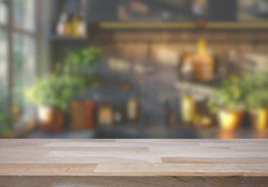 Mutfak arka planında bulanıklık olan boş ahşap masa. ürün gösterimi için