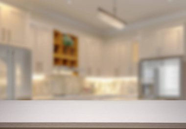 Mutfak arka planında bulanıklık olan boş ahşap masa. ürün gösterimi için