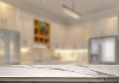 Mutfak arka planında bulanıklık olan boş mermer masa. ürün gösterimi için.