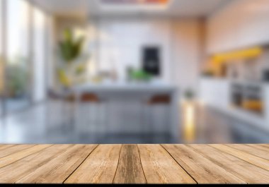 Mutfak arka planında bulanıklık olan boş ahşap masa. ürün gösterimi için