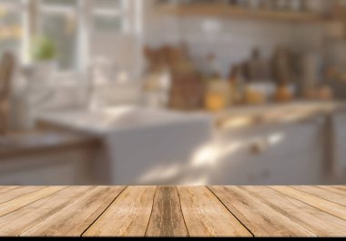 Mutfak arka planında bulanıklık olan boş ahşap masa. ürün gösterimi için