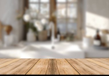 Mutfak arka planında bulanıklık olan boş ahşap masa. ürün gösterimi için