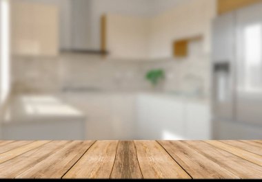 Mutfak arka planında bulanıklık olan boş ahşap masa. ürün gösterimi için