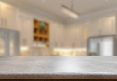 Mutfak arka planında bulanıklık olan boş ahşap masa. ürün gösterimi için