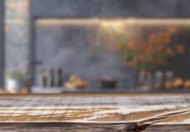 Mutfak arka planında bulanıklık olan boş ahşap masa. ürün gösterimi için