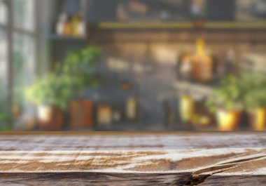 Mutfak arka planında bulanıklık olan boş ahşap masa. ürün gösterimi için