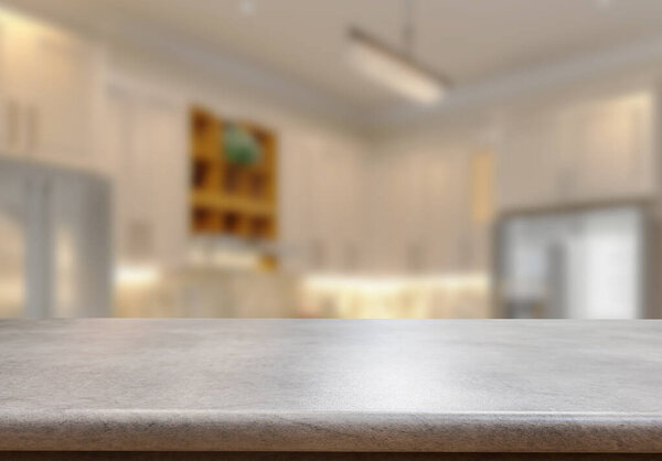 Empty wooden top table with blurred kitchen interior Background. for product display