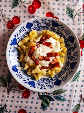 Koyun peynirli Bryndzove halusky böreği - geleneksel Slovakya yemeği.