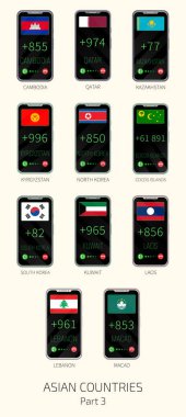 Set of vector illustrations of international dialing country codes and flags of Asian countries. Part 3. clipart