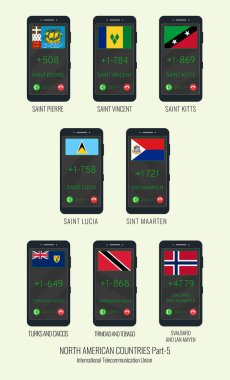 Set of vector illustrations of international country codes and flags of NORTH AMERICAN COUNTRIES . Part 5. clipart