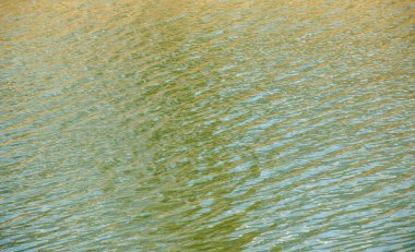 Gün batımında su yüzeyi, küçük dalgalı nehir dalgaları, sakin ve yakın çekim. Doğal arka plan. Soyut arkaplan, doku.