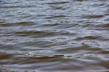 Dinyeper Nehri 'nin dalgalı su yüzeyinin arka planı. Sonbaharda batan güneşin ışınlarında nehir suyu. Nehir suyunun doğal rengi.