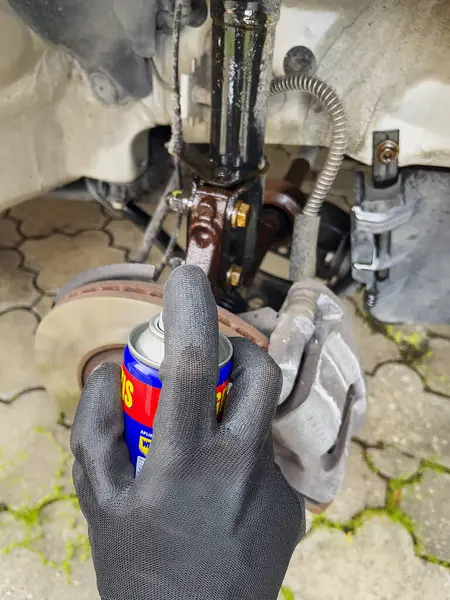 Araba bakımı. VD 40 ile eklemler ve fren bağlantıları inceleniyor. Silindirli bir eldiven verin..