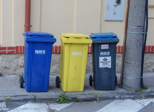 Nitra, Slovakya - 05.21.2025: Şehir sokaklarında geri dönüşüm için malzeme toplamak üzere çeşitli renkli çöp kutuları.