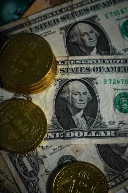 Amerikan doları nakit para banknotu kripto para birimi bitcoin. 