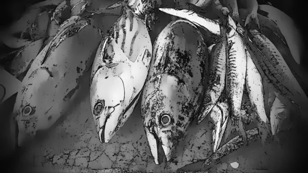 Nahaufnahme Cartoon Art Schwarze Weiße Fische Leben Tiefsee Tot Verkaufen — Stockfoto