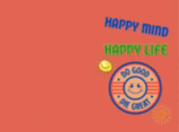 HAPPY MIND HAPPY LIFE. graphic logo smiles design, with orange color on blurred background illustration notebook, and copy space abstract concept.