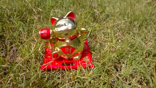 ラッキーキャットソーラーセル 日本の猫エネルギーインゴットは 幸運の魅力を象徴しています クローズアップ 赤いフィギン 知られています Maneki Neko 緑の草に幸せな笑顔 — ストック動画