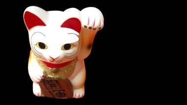 Şanslı kedi Japon bebeği, şans tılsımının sembolü. Siyah arka planda izole edilmiş beyaz kırmızı biblo..