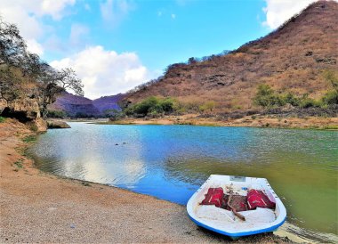 Wadi Darbat nehri manzarası ve bir park teknesi, Salalah, Umman.